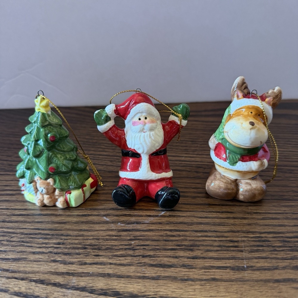 Vintage Christmas Ornaments Ceramic Santa, Reindeer, Christmas Tree. Set Of 3
